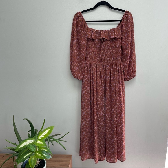 Code x Mode Rust Brown Purple Ditsy Floral Print Smocked Prarie Dress Size S - Picture 1 of 9